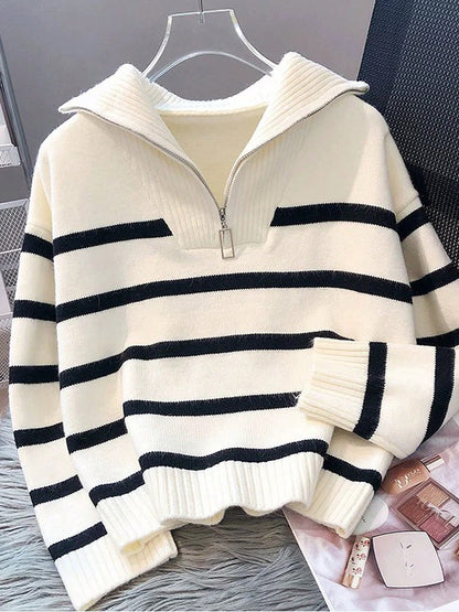New Autumn/Winter Women Striped Crew Neck All-Match Sweater, Fashionable & Simple Pullover Design,Long Sleeve Tops