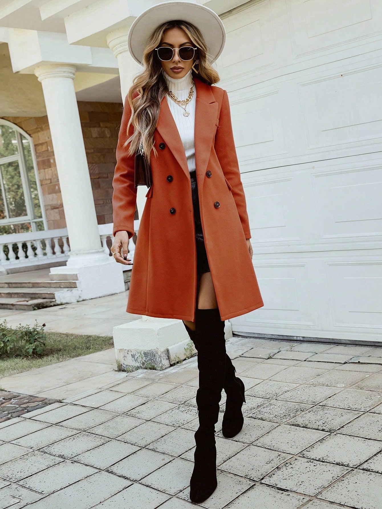 Pariaura Lapel Neck Double Breasted Overcoat,Ladies Late Fall Elegant Double Button Regular Sleeve Lapel Regular Fit Burnt Orange Plain Women Overcoats,Casual Daily Wear