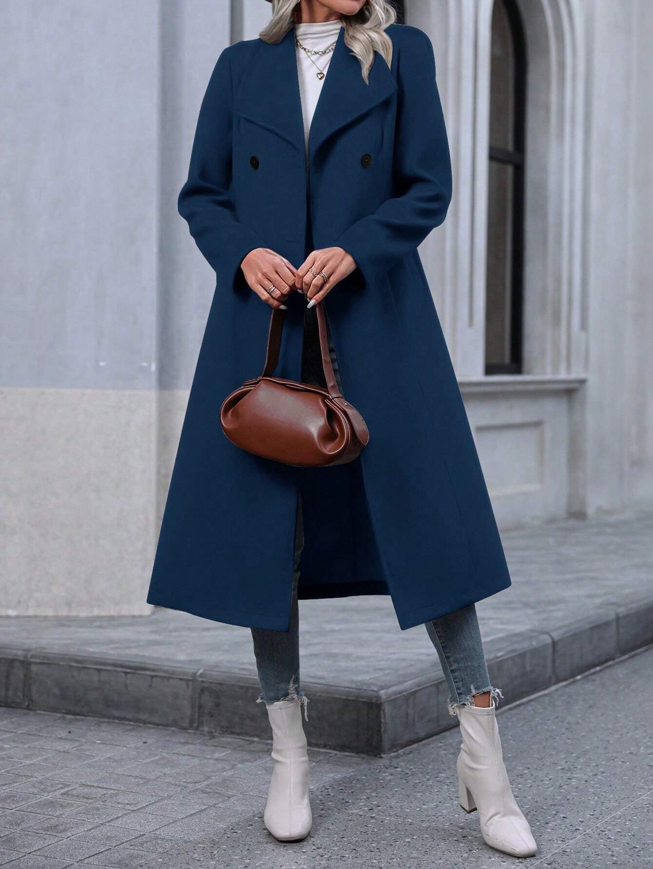 Pariaura Solid Color Large Lapel Double-Breasted Overcoat Fall Winter Cloth for Women