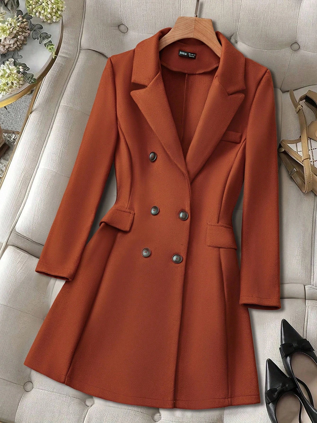 Pariaura Lapel Neck Double Breasted Overcoat,Ladies Late Fall Elegant Double Button Regular Sleeve Lapel Regular Fit Burnt Orange Plain Women Overcoats,Casual Daily Wear