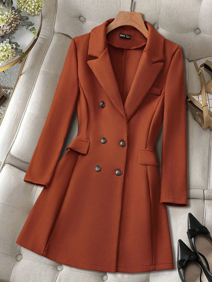 Pariaura Lapel Neck Double Breasted Overcoat,Ladies Late Fall Elegant Double Button Regular Sleeve Lapel Regular Fit Burnt Orange Plain Women Overcoats,Casual Daily Wear