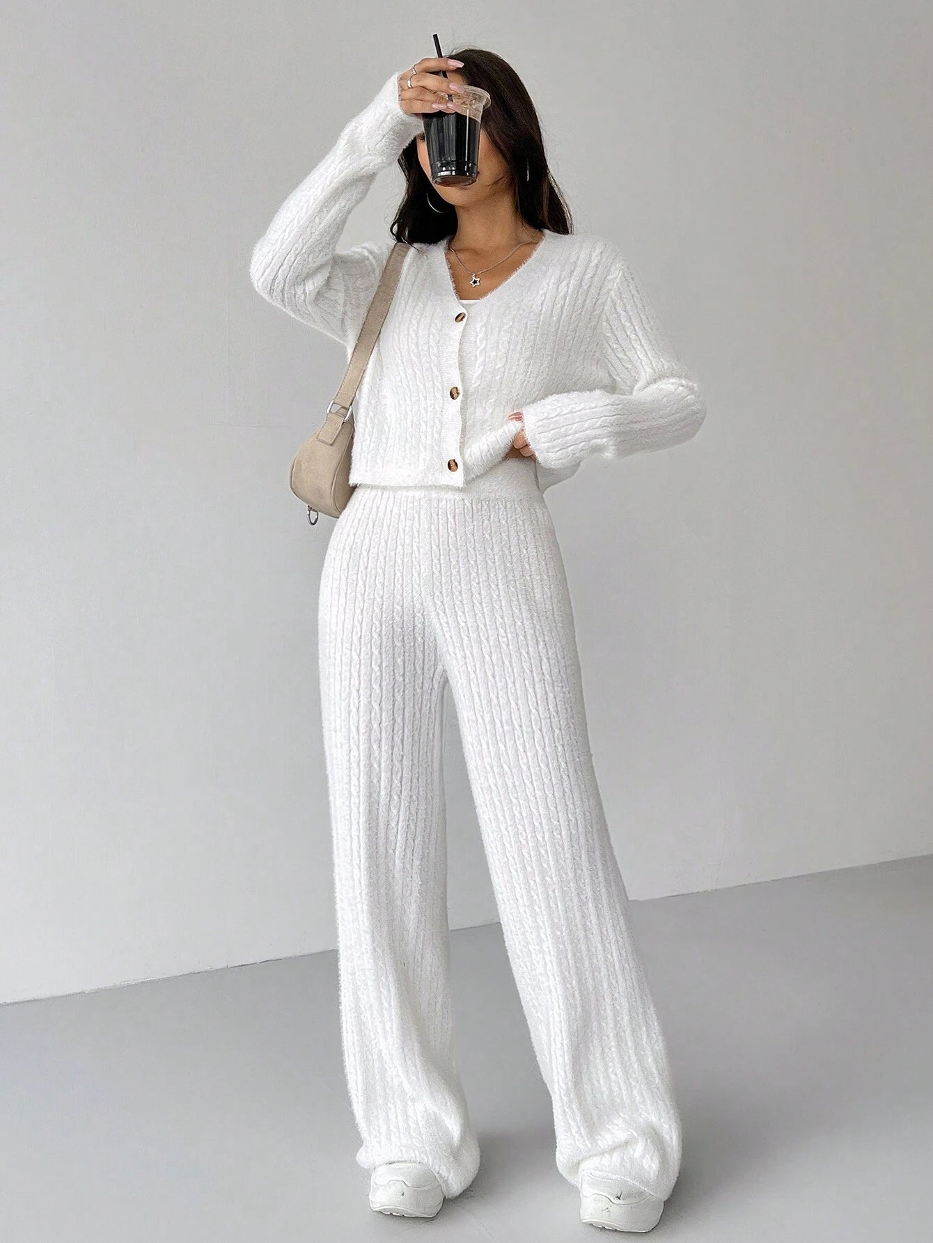Ezwear 2Pcs Women'S Solid Color V-Neck Long Sleeve Cardigan and Knitted Pants Casual Set, Fall/Winter