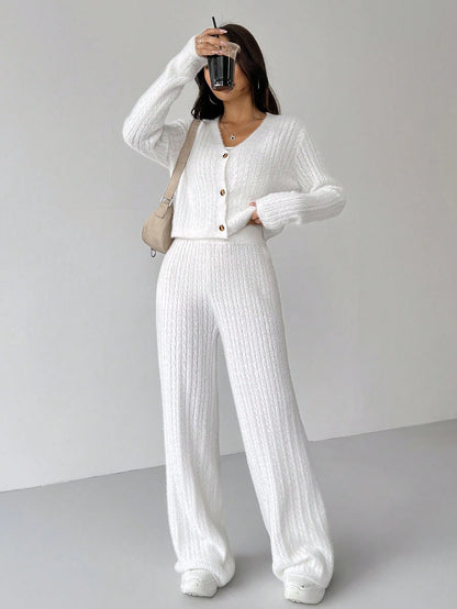 Ezwear 2Pcs Women'S Solid Color V-Neck Long Sleeve Cardigan and Knitted Pants Casual Set, Fall/Winter