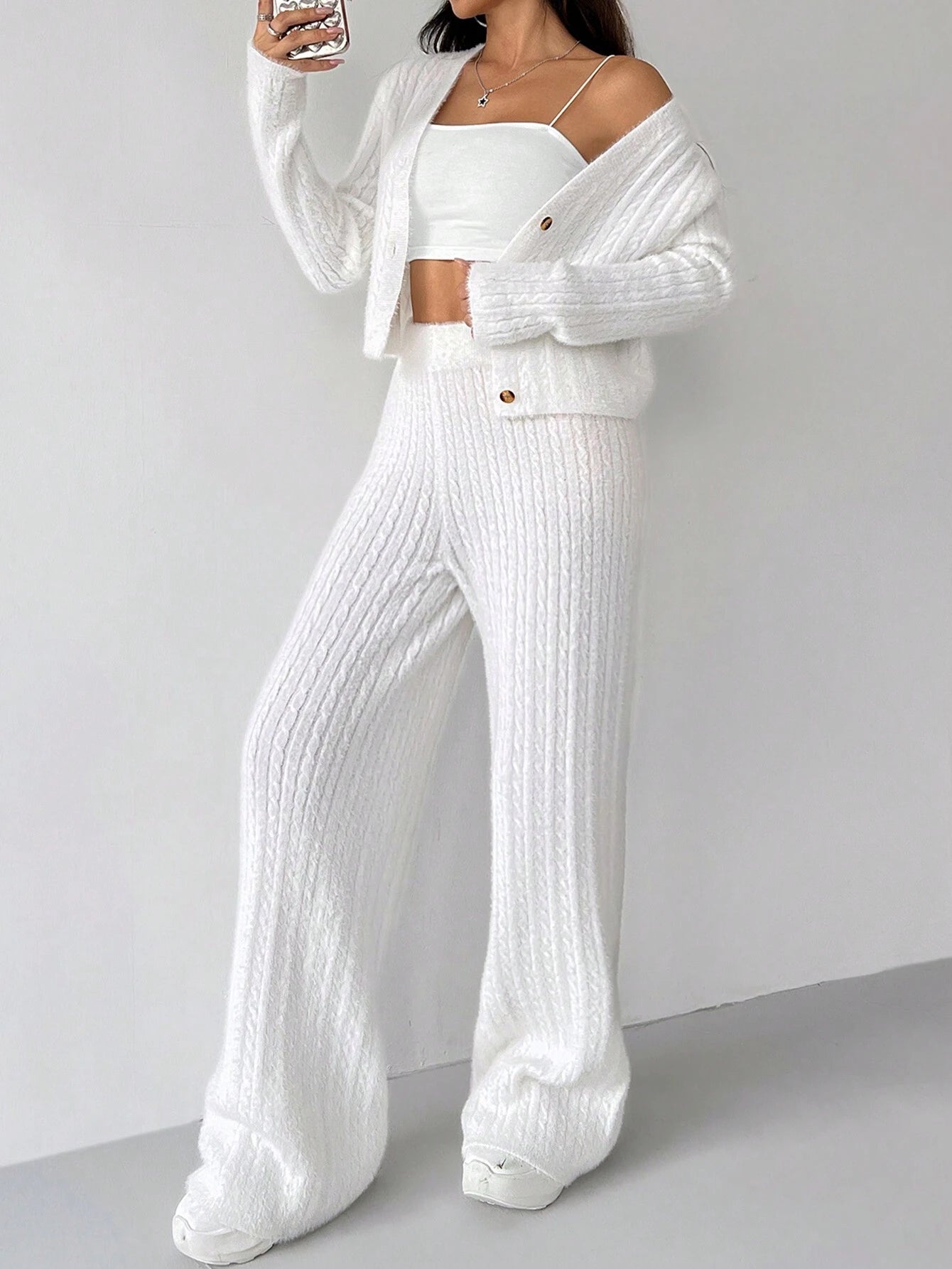 Ezwear 2Pcs Women'S Solid Color V-Neck Long Sleeve Cardigan and Knitted Pants Casual Set, Fall/Winter