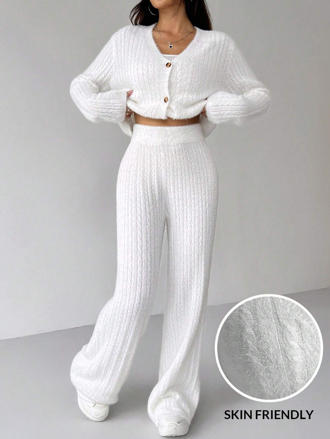 Ezwear 2Pcs Women'S Solid Color V-Neck Long Sleeve Cardigan and Knitted Pants Casual Set, Fall/Winter