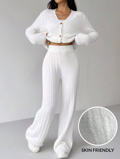Ezwear 2Pcs Women'S Solid Color V-Neck Long Sleeve Cardigan and Knitted Pants Casual Set, Fall/Winter