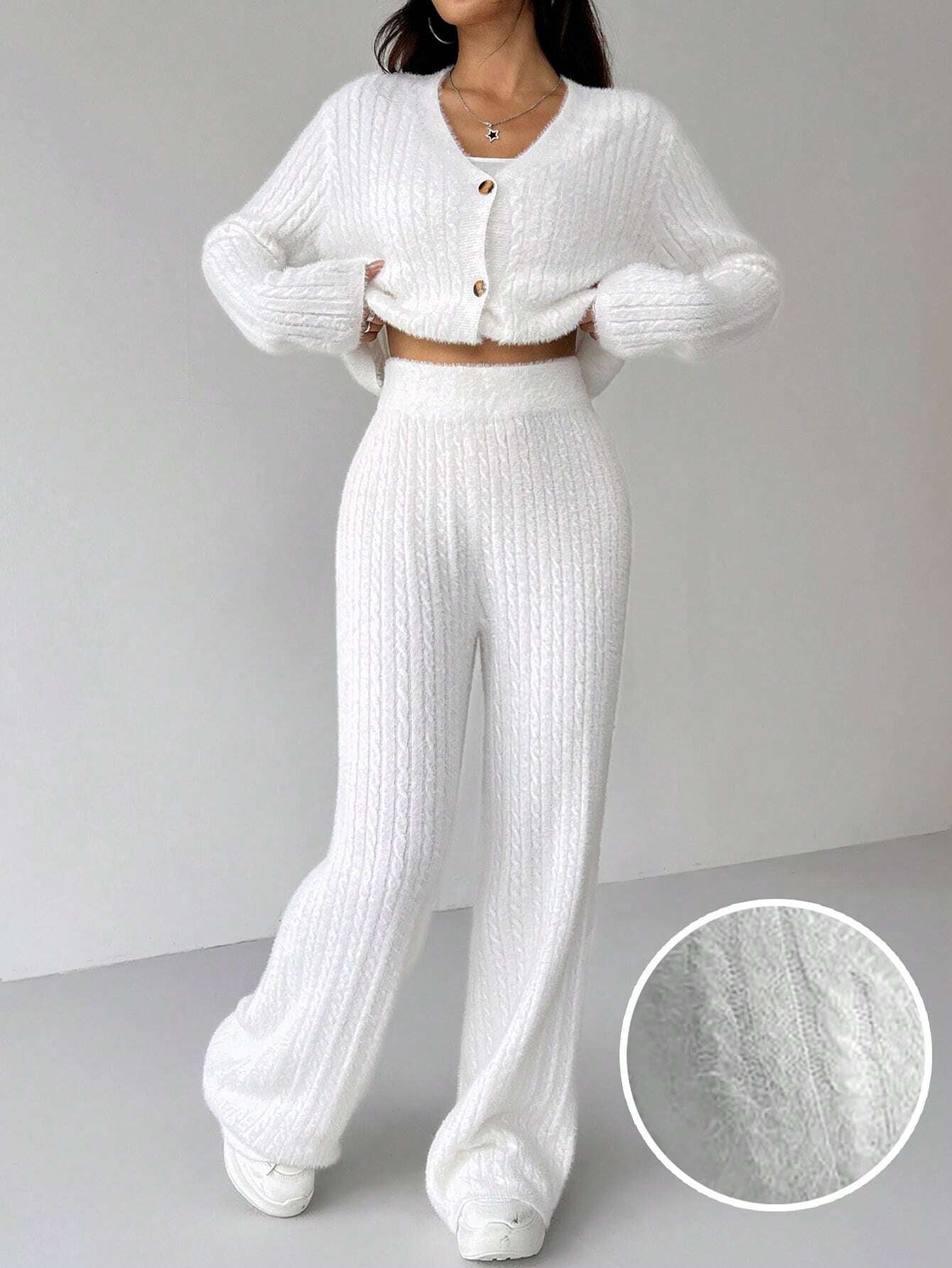 Ezwear 2Pcs Women'S Solid Color V-Neck Long Sleeve Cardigan and Knitted Pants Casual Set, Fall/Winter