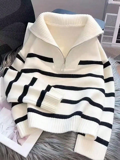 New Autumn/Winter Women Striped Crew Neck All-Match Sweater, Fashionable & Simple Pullover Design,Long Sleeve Tops