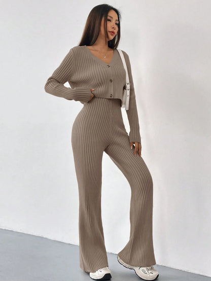 Ezwear Autumn and Winter 2Pcs/Set Women V-Neck Button Decor Contrast Color Long Sleeve Top and Knitted Long Pants Sweater Suit,Women'S Fall Clothes