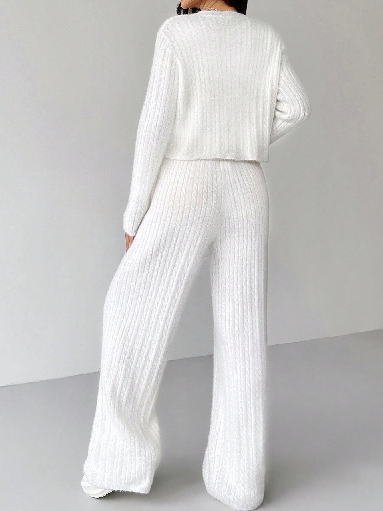 Ezwear 2Pcs Women'S Solid Color V-Neck Long Sleeve Cardigan and Knitted Pants Casual Set, Fall/Winter