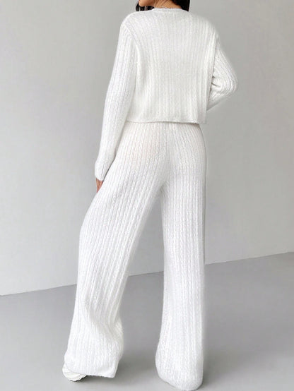 Ezwear 2Pcs Women'S Solid Color V-Neck Long Sleeve Cardigan and Knitted Pants Casual Set, Fall/Winter