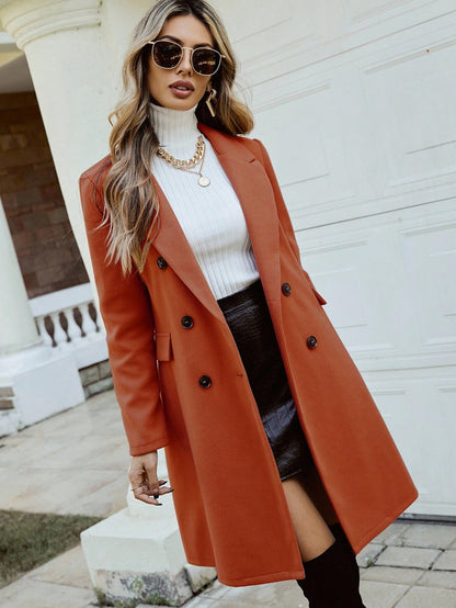 Pariaura Lapel Neck Double Breasted Overcoat,Ladies Late Fall Elegant Double Button Regular Sleeve Lapel Regular Fit Burnt Orange Plain Women Overcoats,Casual Daily Wear