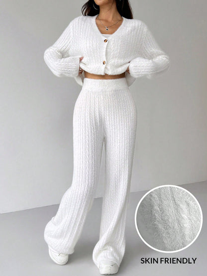 Ezwear 2Pcs Women'S Solid Color V-Neck Long Sleeve Cardigan and Knitted Pants Casual Set, Fall/Winter