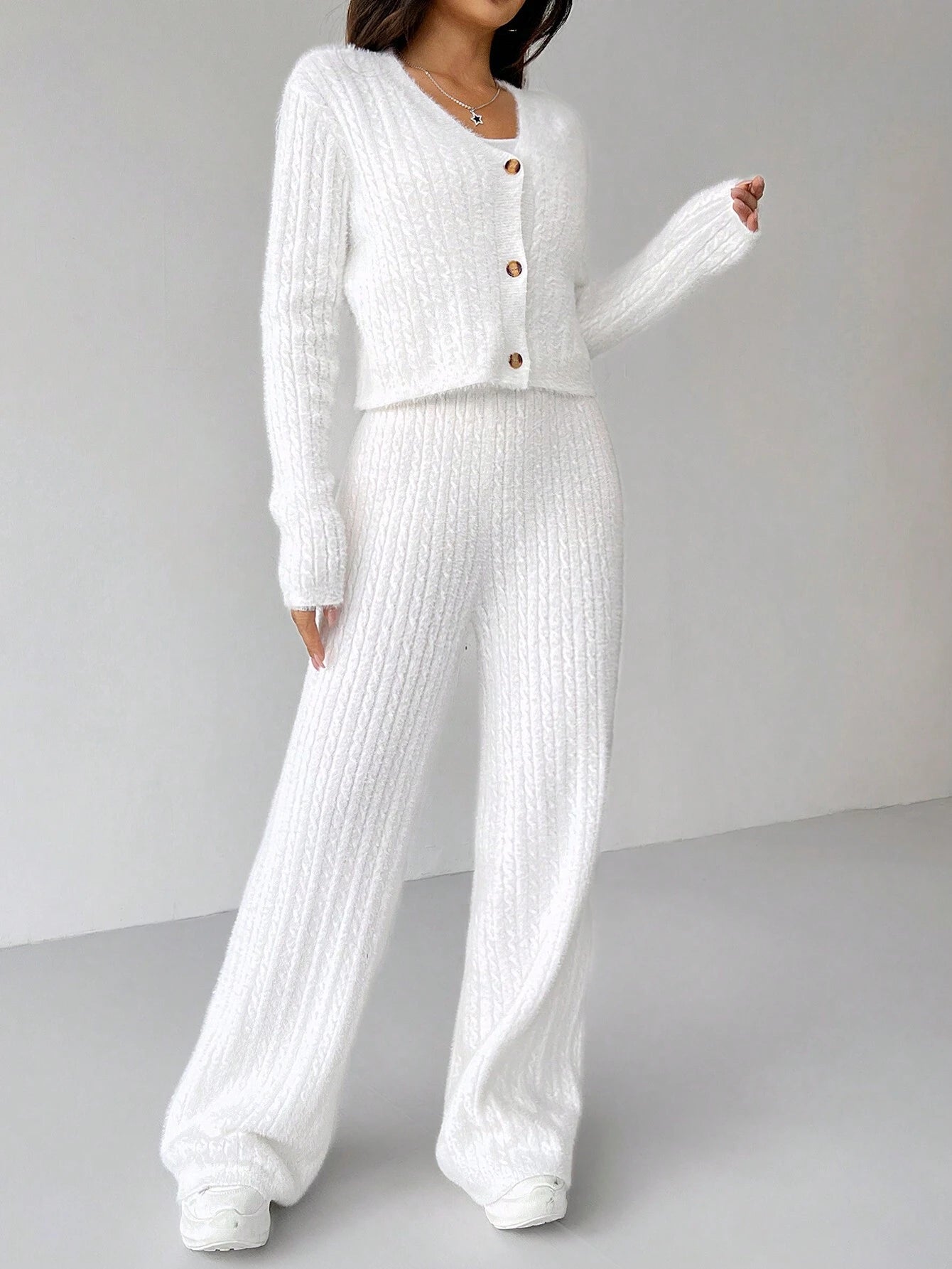 Ezwear 2Pcs Women'S Solid Color V-Neck Long Sleeve Cardigan and Knitted Pants Casual Set, Fall/Winter