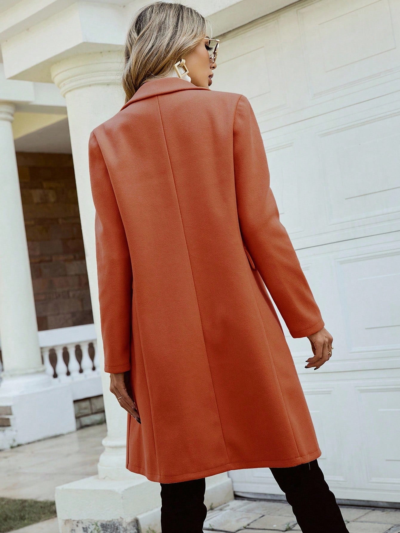 Pariaura Lapel Neck Double Breasted Overcoat,Ladies Late Fall Elegant Double Button Regular Sleeve Lapel Regular Fit Burnt Orange Plain Women Overcoats,Casual Daily Wear