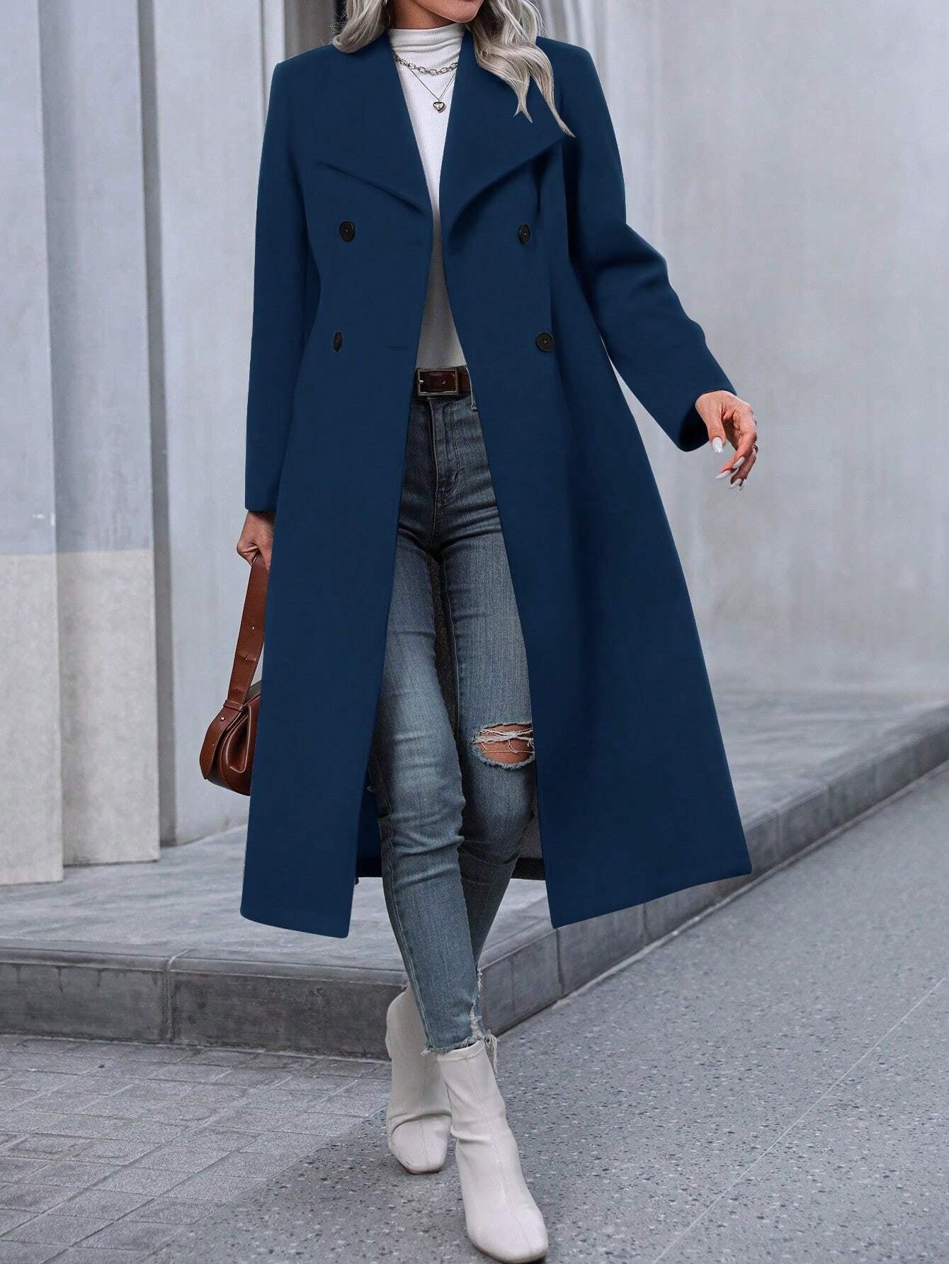 Pariaura Solid Color Large Lapel Double-Breasted Overcoat Fall Winter Cloth for Women