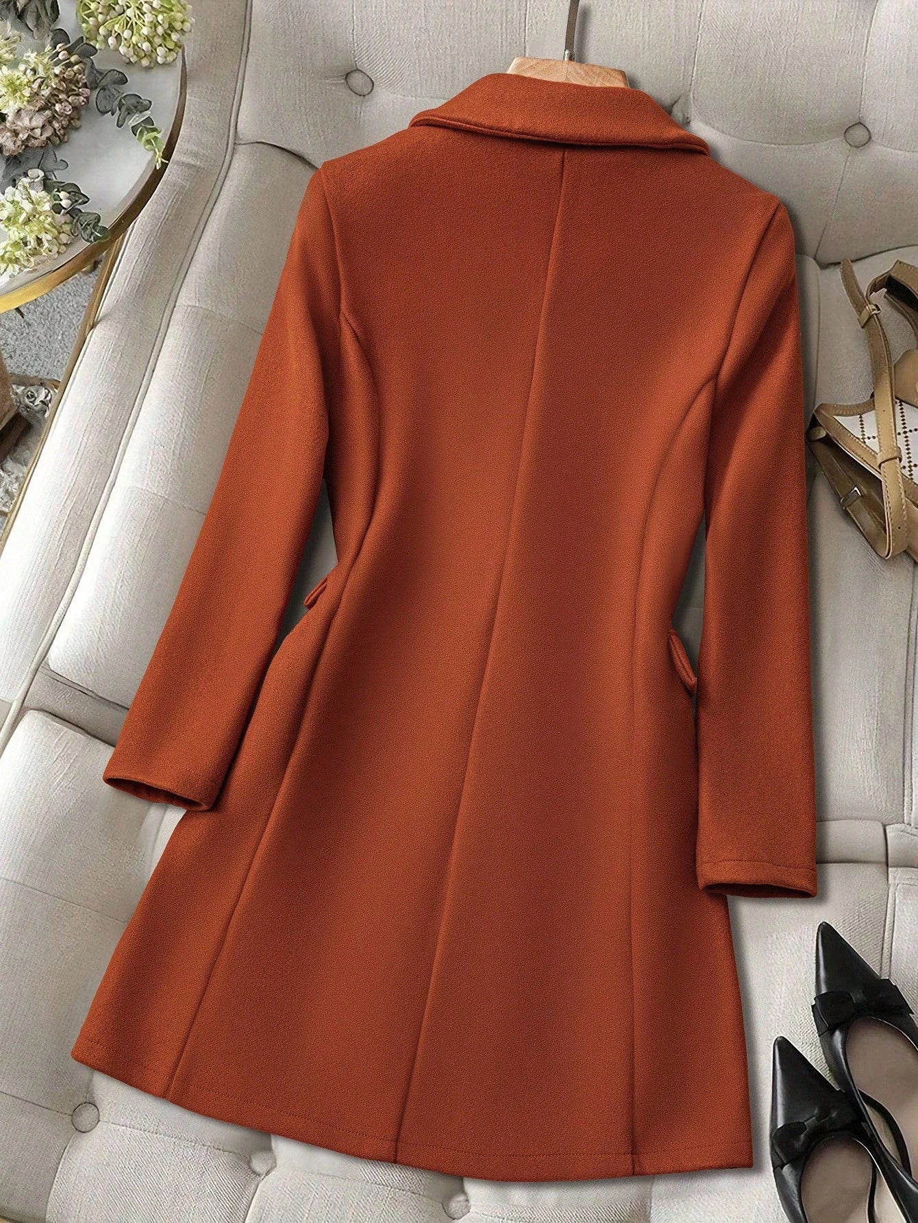 Pariaura Lapel Neck Double Breasted Overcoat,Ladies Late Fall Elegant Double Button Regular Sleeve Lapel Regular Fit Burnt Orange Plain Women Overcoats,Casual Daily Wear
