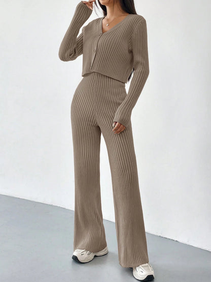 Ezwear Autumn and Winter 2Pcs/Set Women V-Neck Button Decor Contrast Color Long Sleeve Top and Knitted Long Pants Sweater Suit,Women'S Fall Clothes