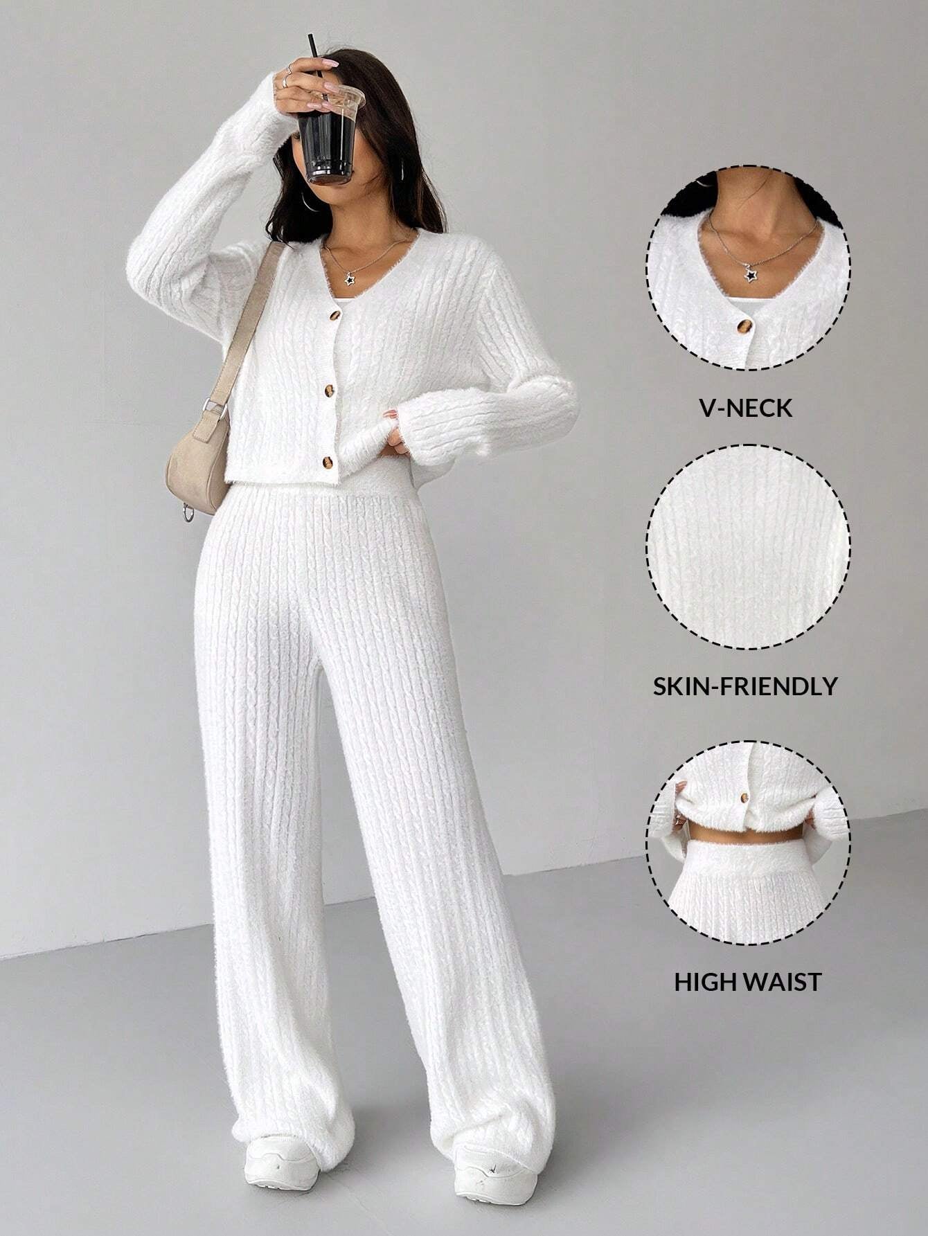 Ezwear 2Pcs Women'S Solid Color V-Neck Long Sleeve Cardigan and Knitted Pants Casual Set, Fall/Winter