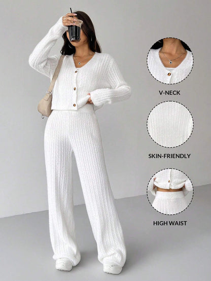 Ezwear 2Pcs Women'S Solid Color V-Neck Long Sleeve Cardigan and Knitted Pants Casual Set, Fall/Winter