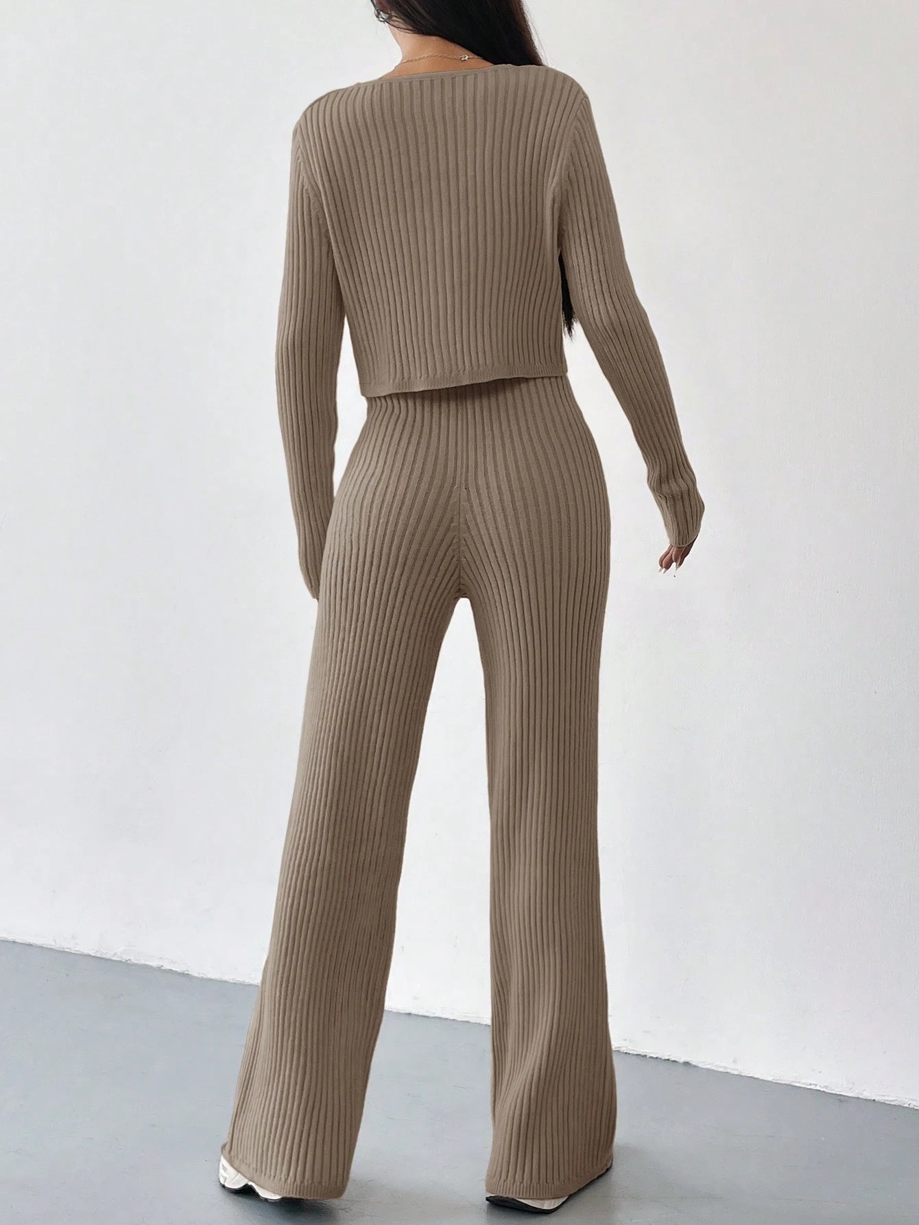 Ezwear Autumn and Winter 2Pcs/Set Women V-Neck Button Decor Contrast Color Long Sleeve Top and Knitted Long Pants Sweater Suit,Women'S Fall Clothes